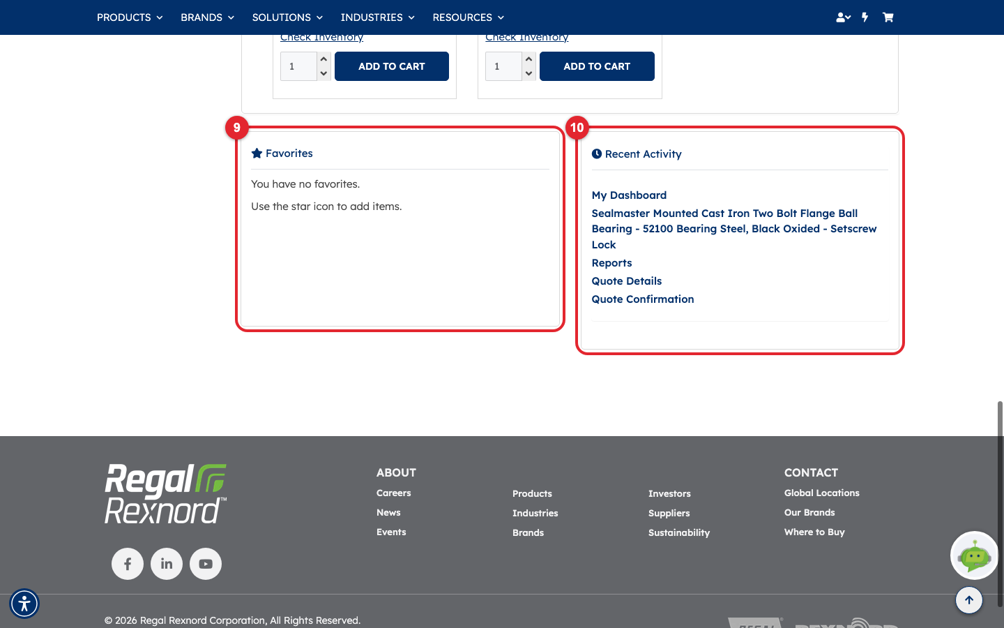 The Favorites panel outlined as 9 and the Recent Activity panel outlined as 10, with the site footer below