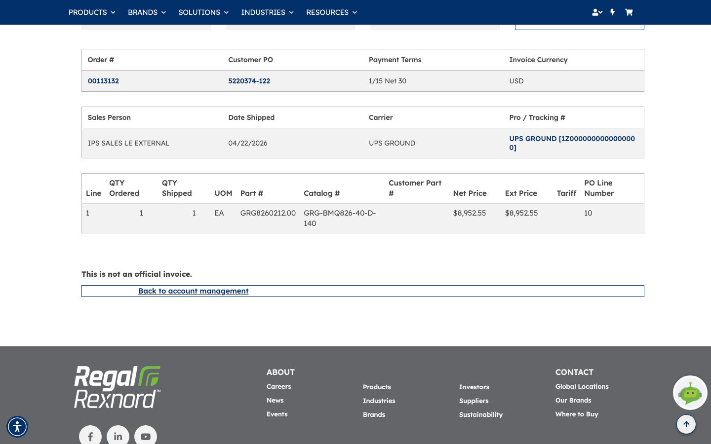The order, shipment and line-item panels on the Invoice Details page, showing the order and PO numbers, ship date, carrier and tracking link, and one invoiced line with quantities, part and catalog numbers and prices