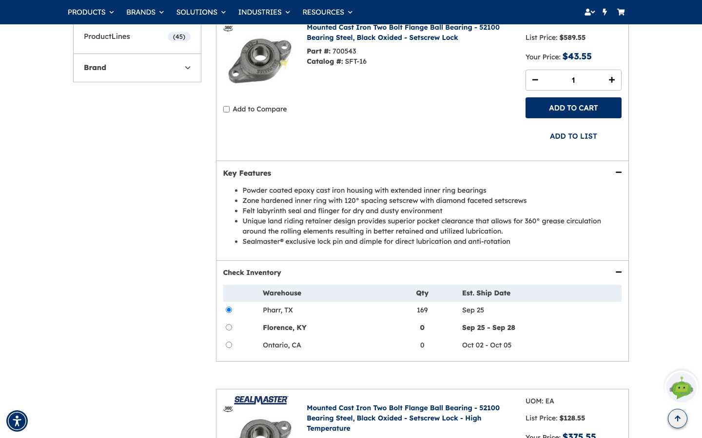 A search result with the Key Features panel expanded, listing the bearing's housing, inner ring, seal and retainer features