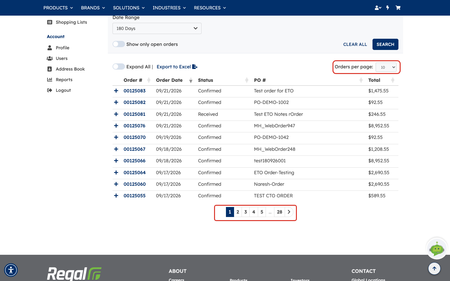 The Orders table with the Orders per page selector above it and the page-number controls below it, both outlined