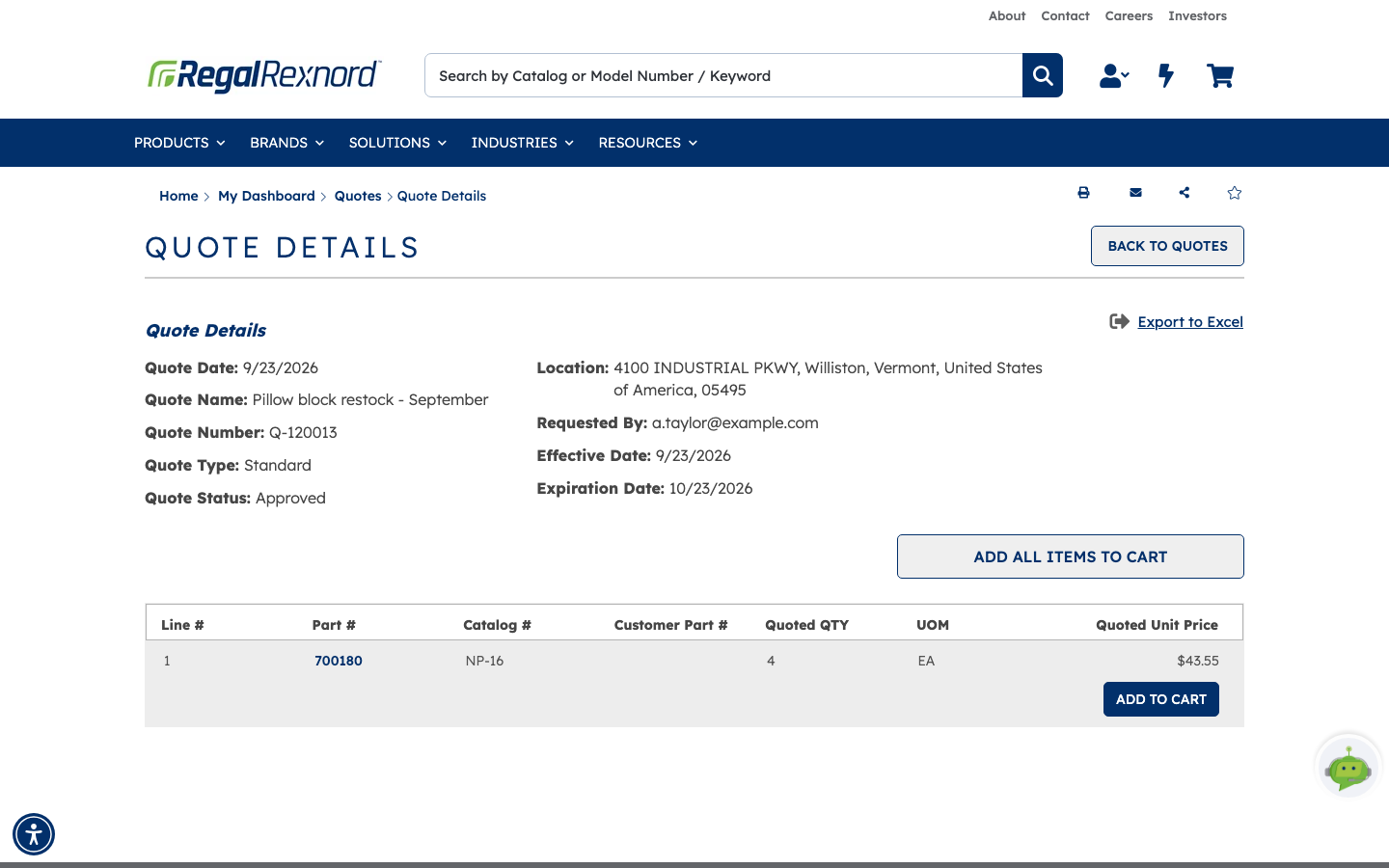 The Quote Details page showing quote date, name, number, type and status, requested-by and location, effective and expiration dates, an ADD ALL ITEMS TO CART button, and a line table with part number, catalog number, quoted quantity, UOM and quoted unit price