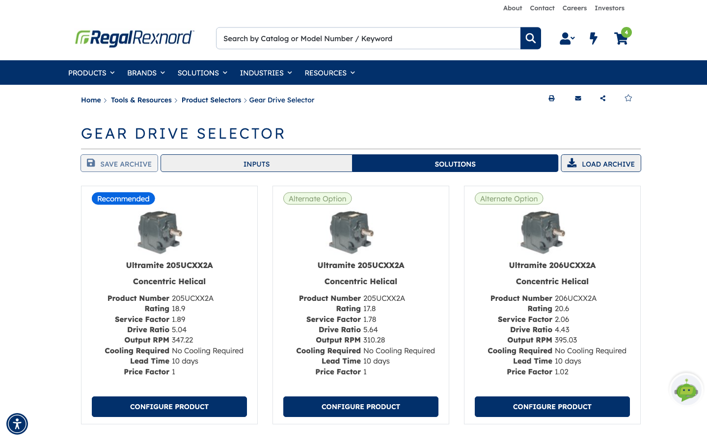 The SOLUTIONS tab showing one Recommended and two Alternate Option gear drives, each with product number, rating, service factor, drive ratio, output RPM, cooling requirement, lead time, price factor and a Configure Product button