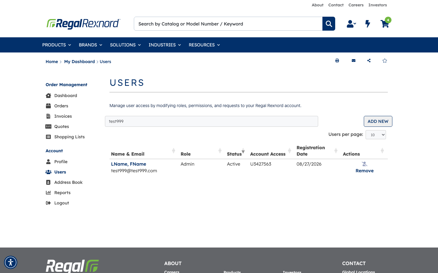 The Users page filtered to a single user showing the Admin role