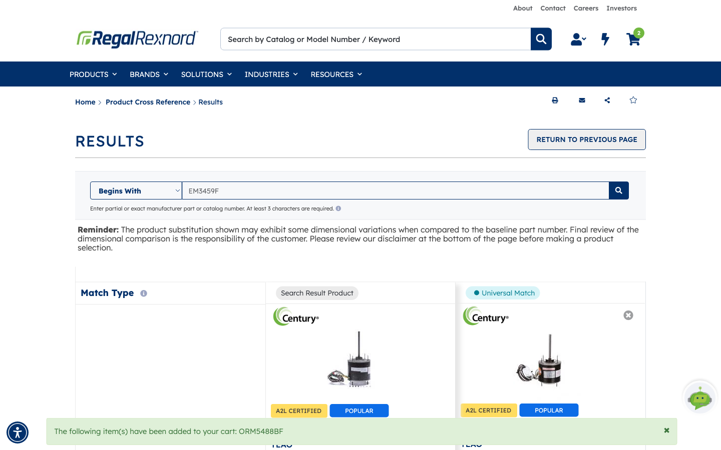 The Results page with a green confirmation banner naming the substitute part added to the cart and the header cart badge incremented