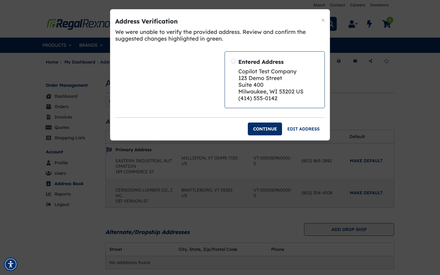 The Address Verification window with Continue and Edit Address buttons