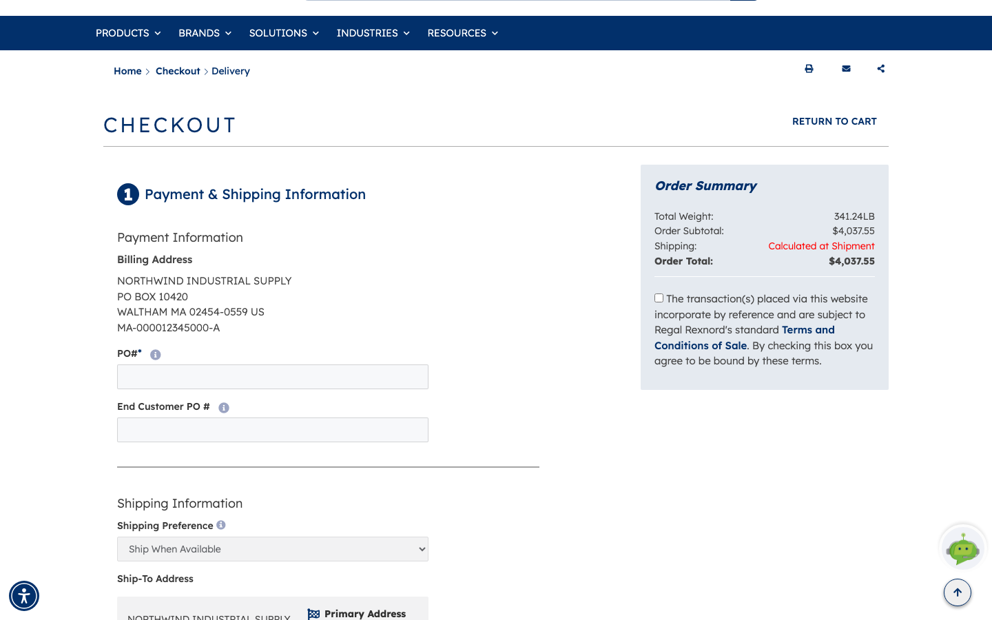 The Checkout page showing the Payment & Shipping Information section with the billing address, PO number fields, and the Order Summary panel with totals and the terms and conditions checkbox