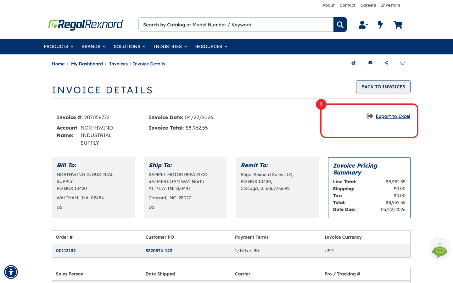 The Invoice Details page with the area below Export to Excel outlined at the top right, where the Documents link appears when the invoice PDF is available