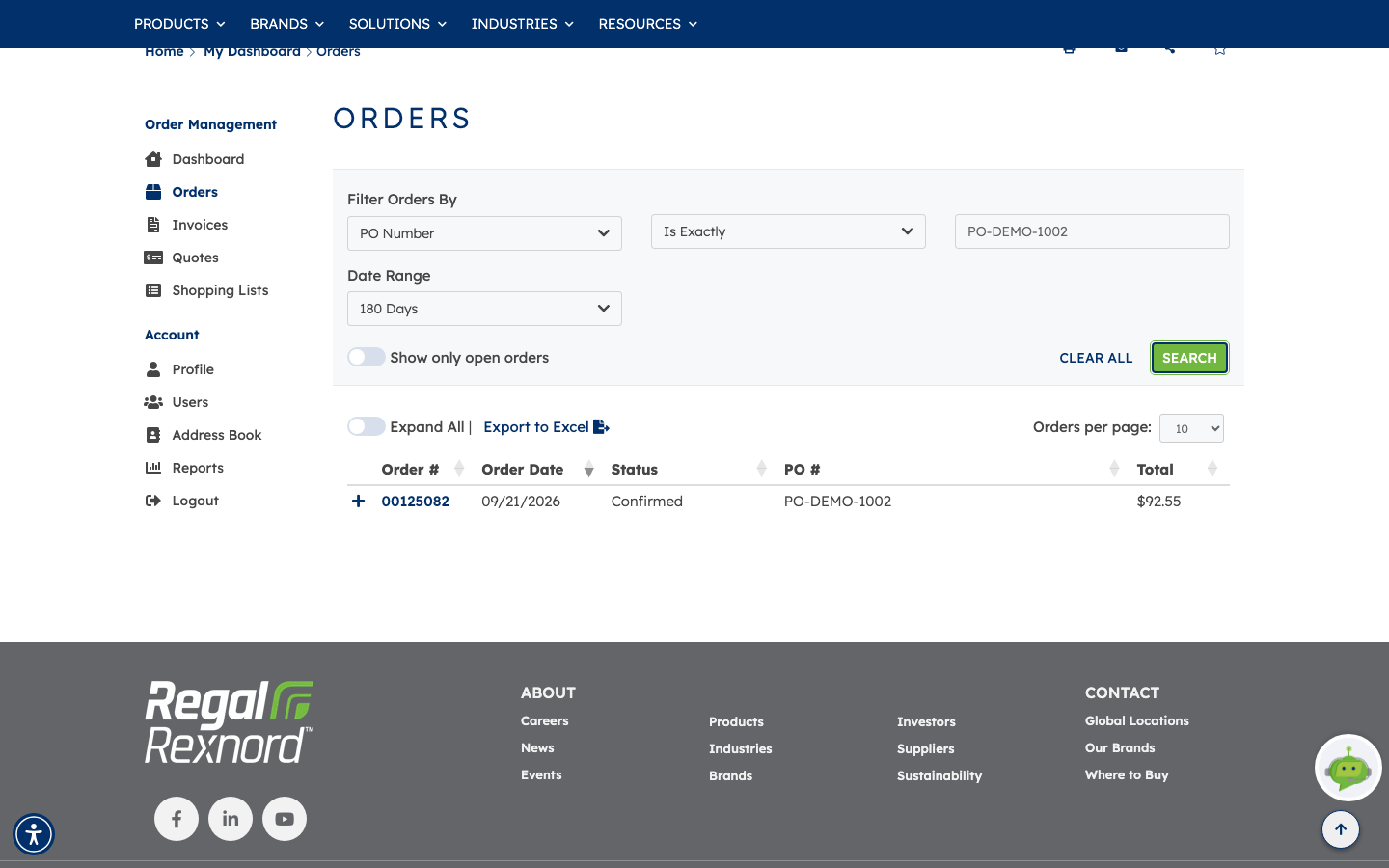 The Orders page filtered by PO number, showing the filter set to PO Number Is Exactly with the value entered, and a single matching order in the results