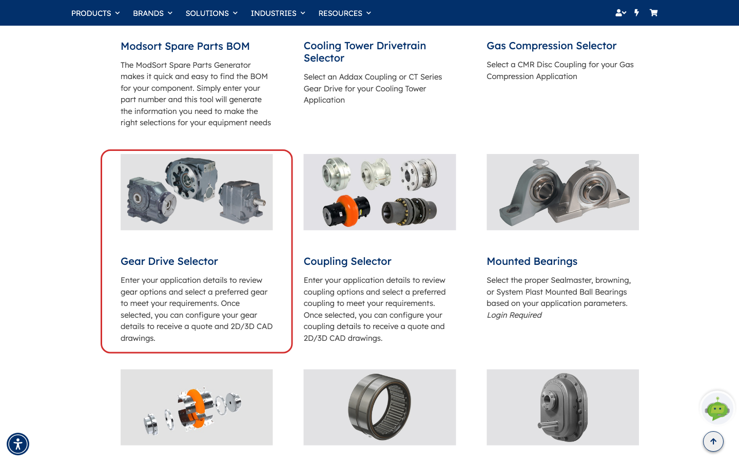 The Gear Drive Selector card highlighted among the selector cards, describing how you enter application details, review gear options and configure a preferred gear for a quote and CAD drawings