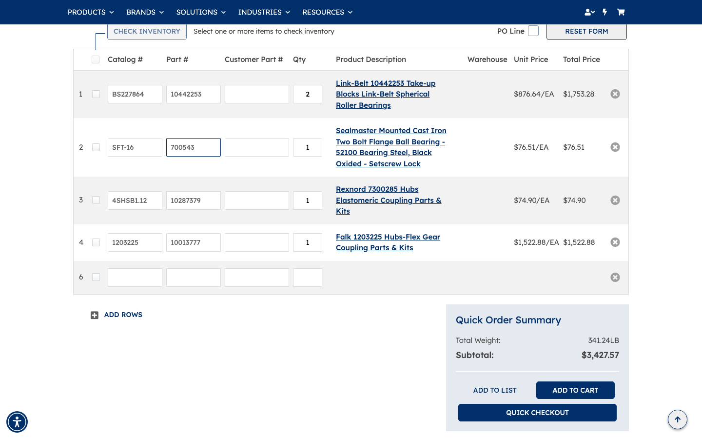 Row 1 quantity set to 2; Quick Order Summary shows updated subtotal of $3,427.57
