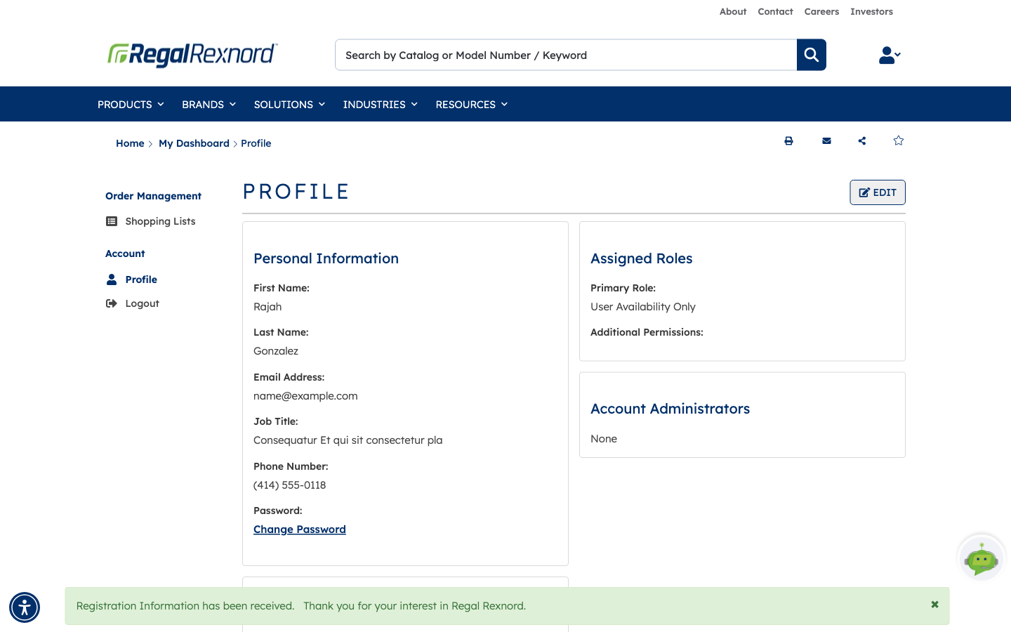 The green confirmation banner at the bottom of the Profile page