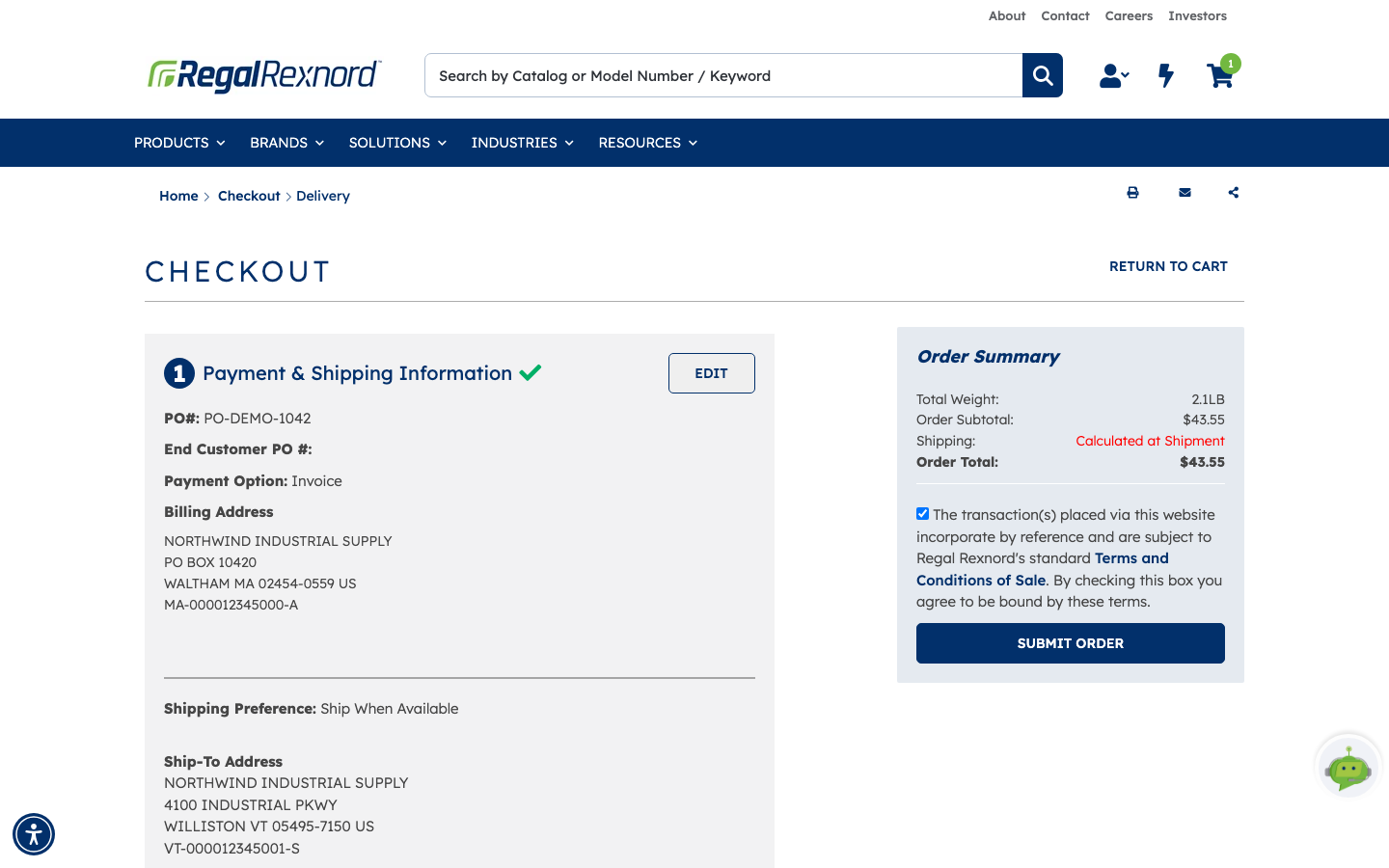 The review step showing the collapsed Payment and Shipping Information summary with an EDIT link, the PO number, payment option, billing and ship-to addresses, and the Order Summary panel with order total, ticked terms box and SUBMIT ORDER button