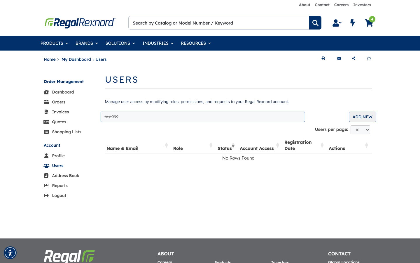 The Users page filtered with no matching results