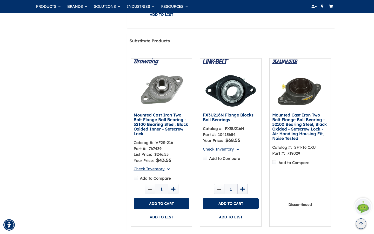 The Substitute Products row showing three alternative bearings, two priced with Add to Cart buttons and one marked Discontinued