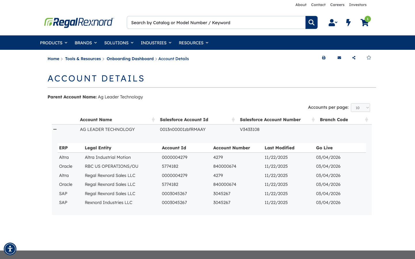 Expanded account row showing legal entity, identifiers, and go-live date