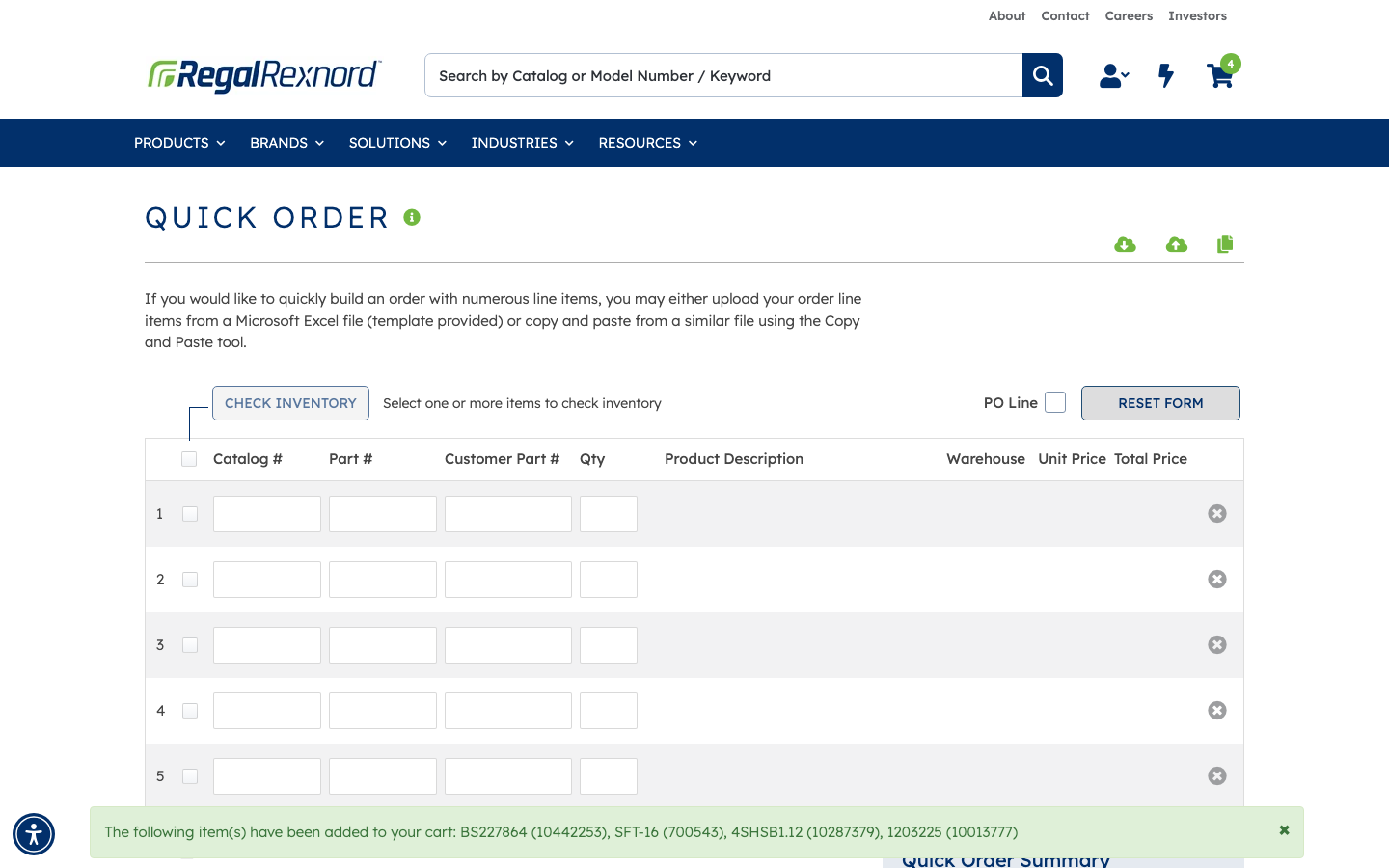 Confirmation banner listing the four added items; cart badge showing 4