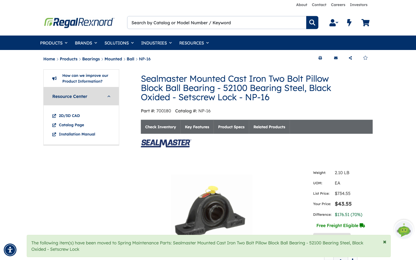 The product page after adding to the list