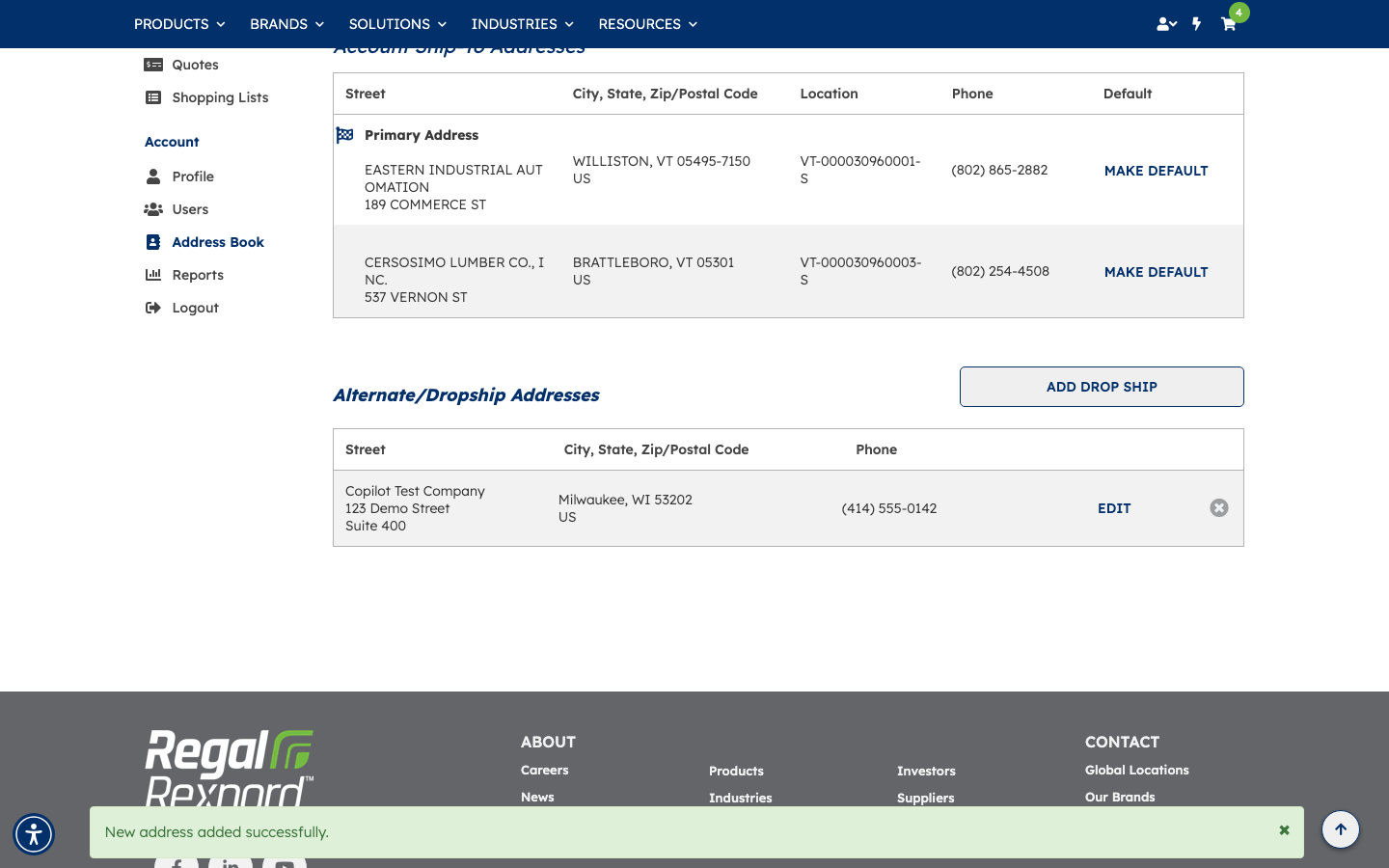 The new drop ship address listed in the Address Book with a success message