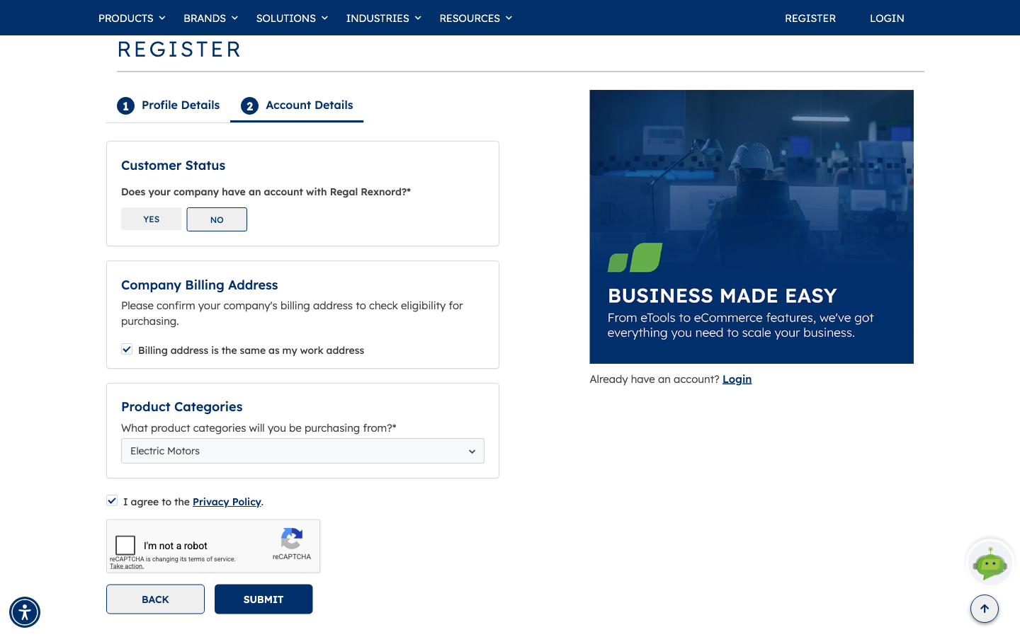 The completed Account Details step showing the billing address confirmation, a selected product category, the ticked privacy policy box, the reCAPTCHA and an enabled SUBMIT button