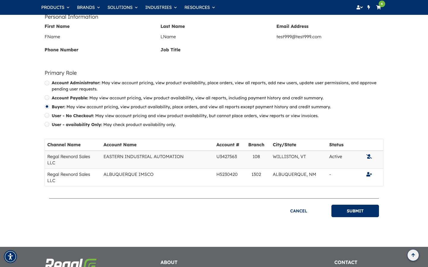 The Manage User page with Buyer selected