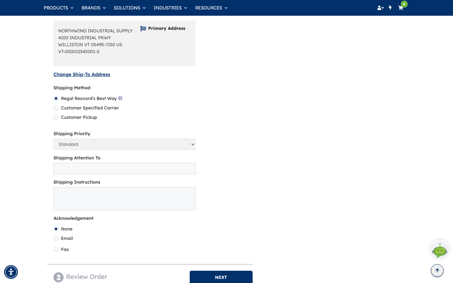 The Checkout shipping section showing Ship-To Address, Change Ship-To Address link, Shipping Method options, Shipping Priority, Shipping Attention To, Shipping Instructions and Acknowledgement settings