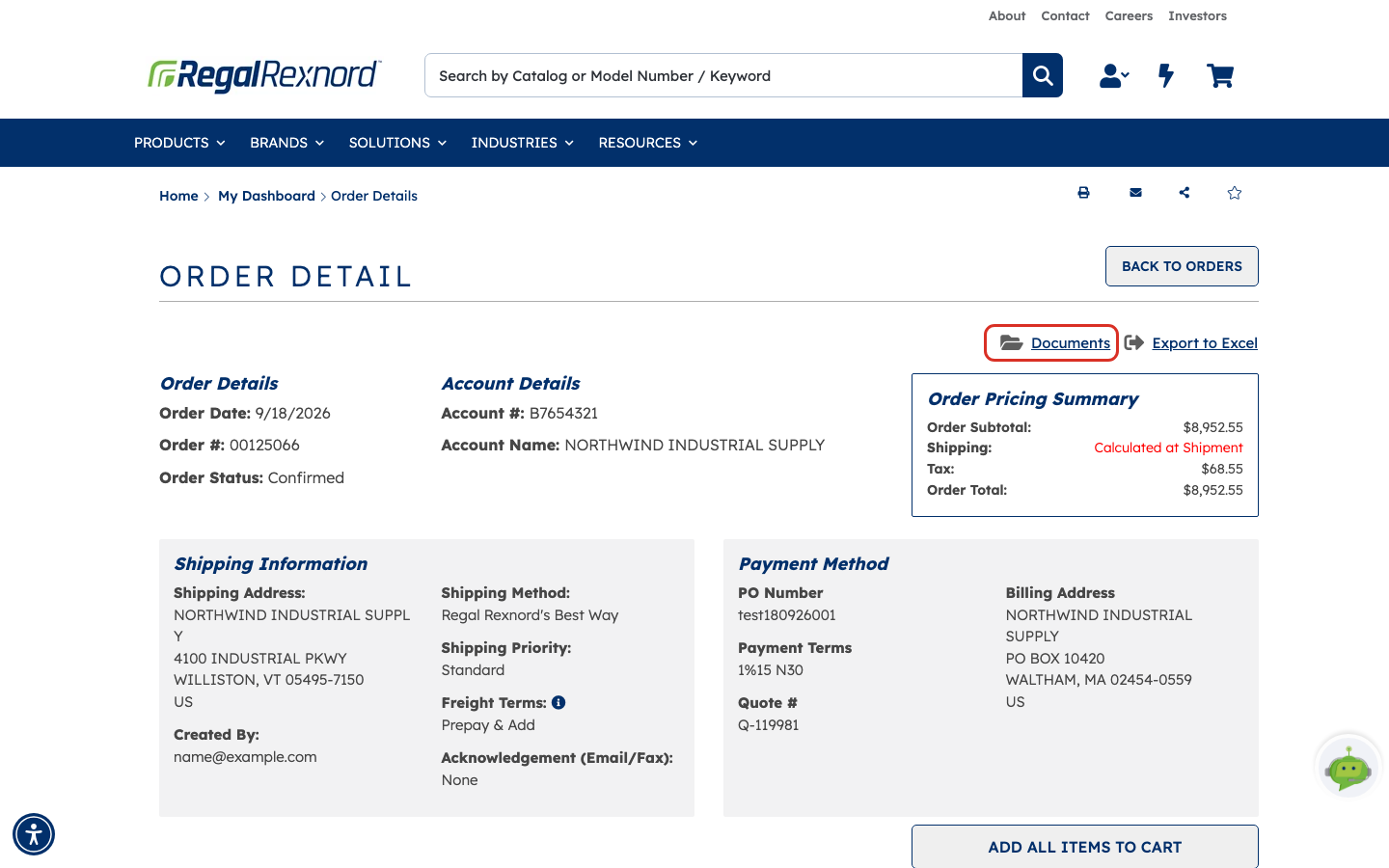 The Order Detail page with the Documents link outlined at the top right, next to Export to Excel