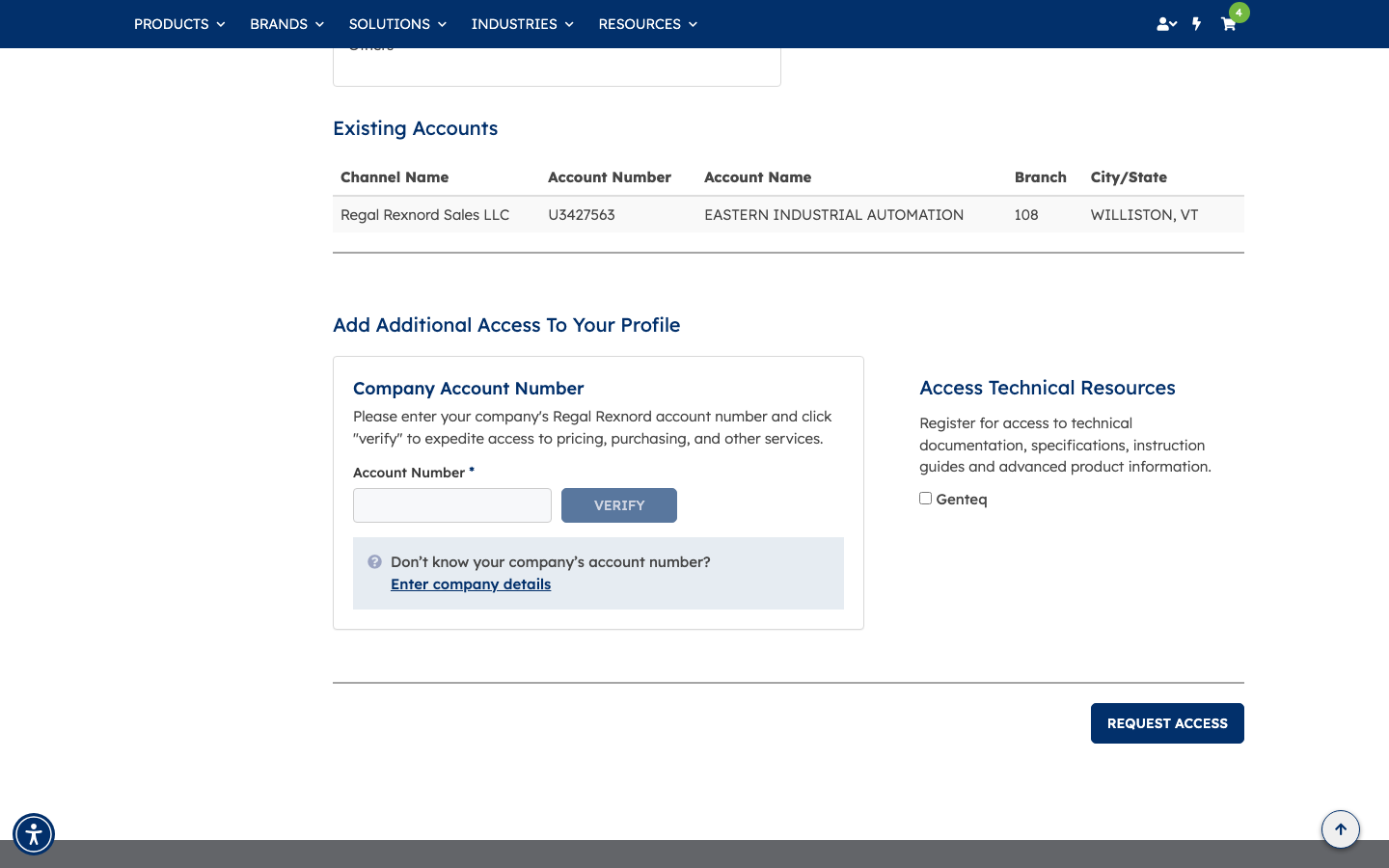 The Existing Accounts table showing a single account before the request