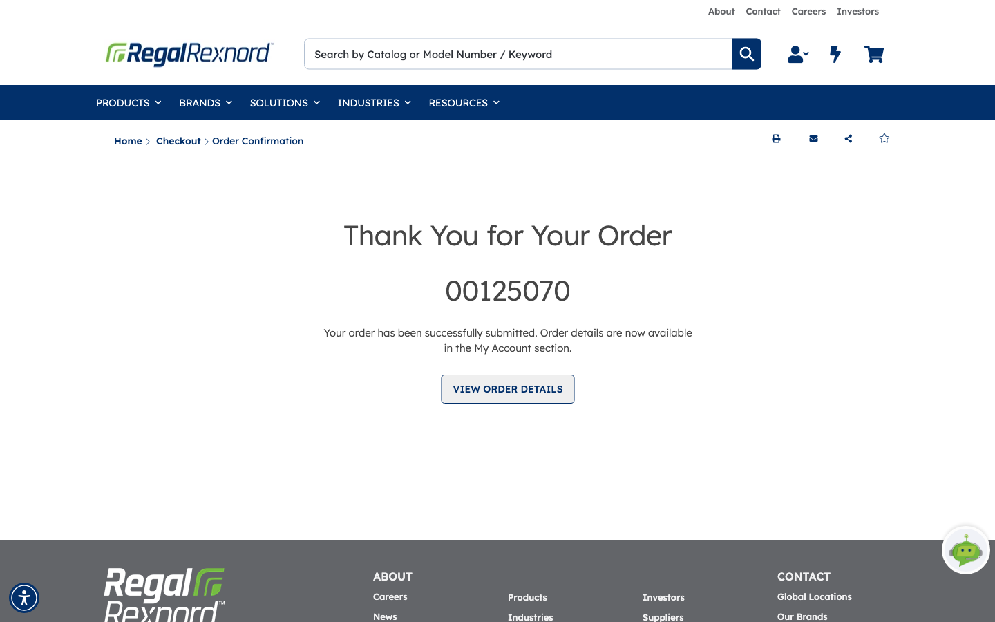 The order confirmation page confirming the order has been successfully submitted, with a VIEW ORDER DETAILS button