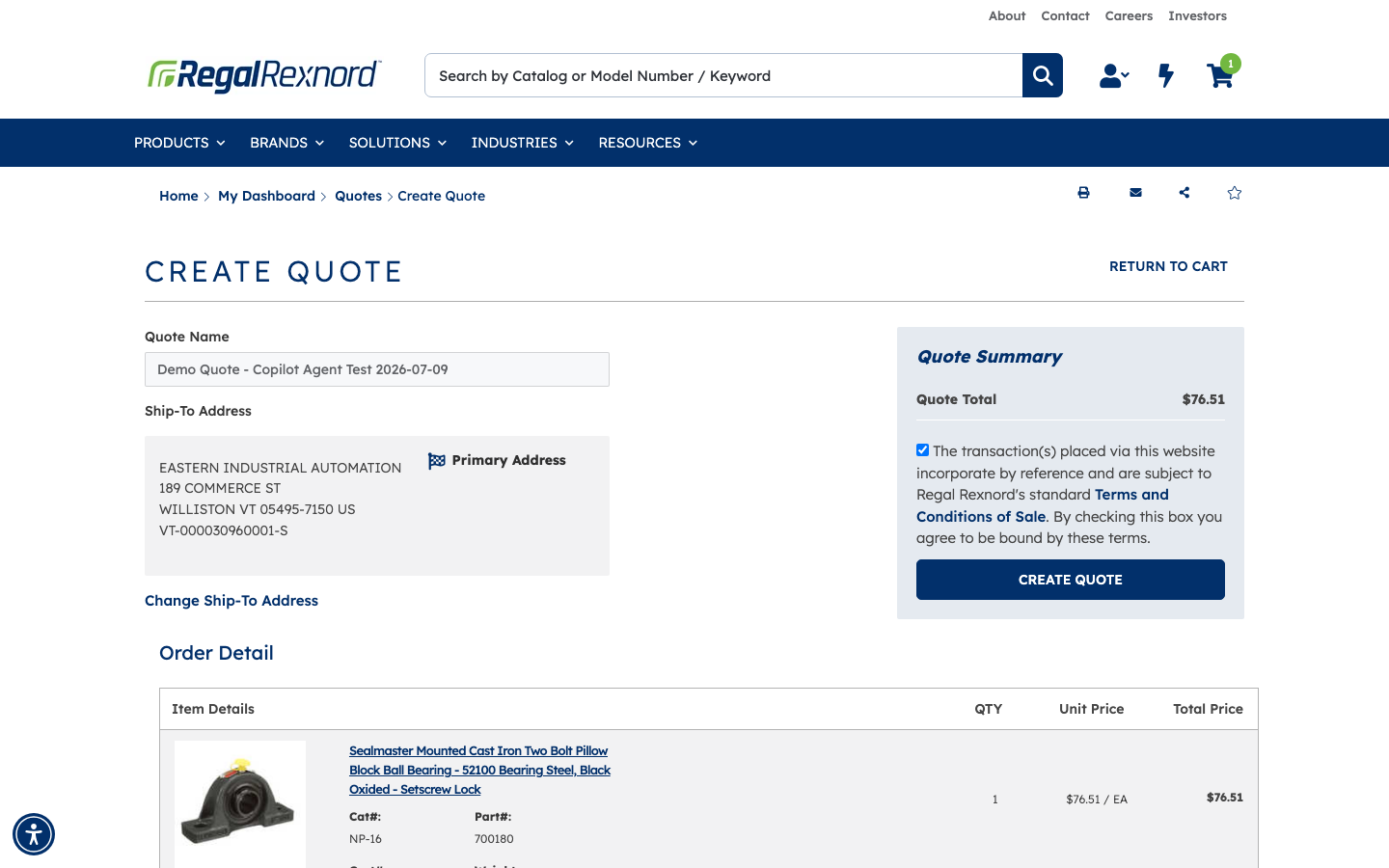 Terms and Conditions checkbox checked — CREATE QUOTE button is now active