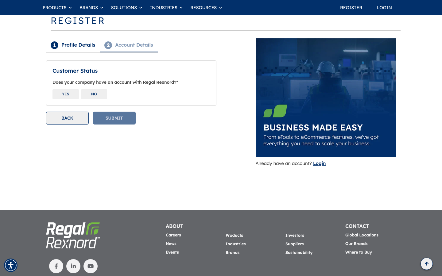 Final submission panel showing customer status and product category fields
