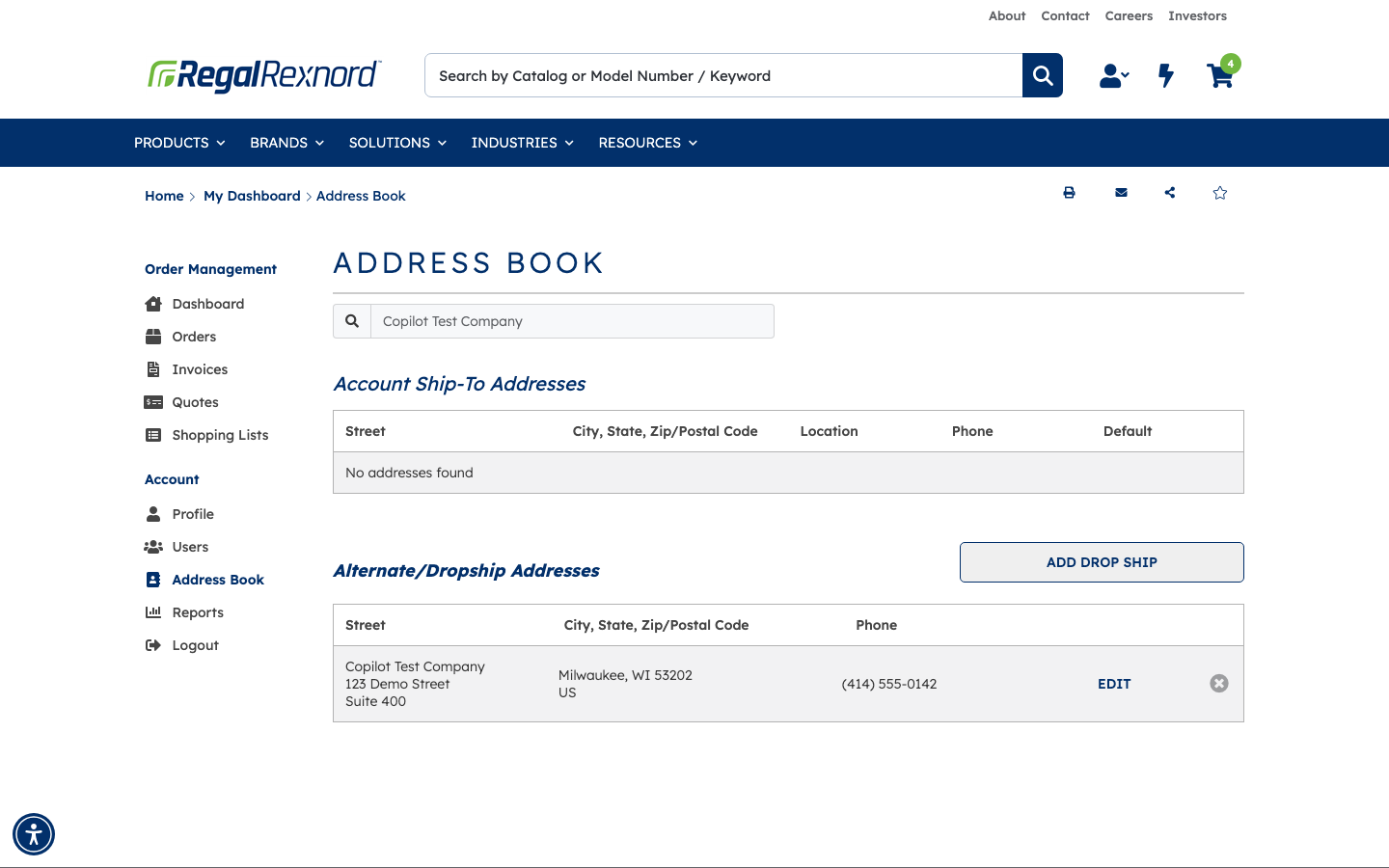 Address Book filtered by company name, showing the saved drop ship address