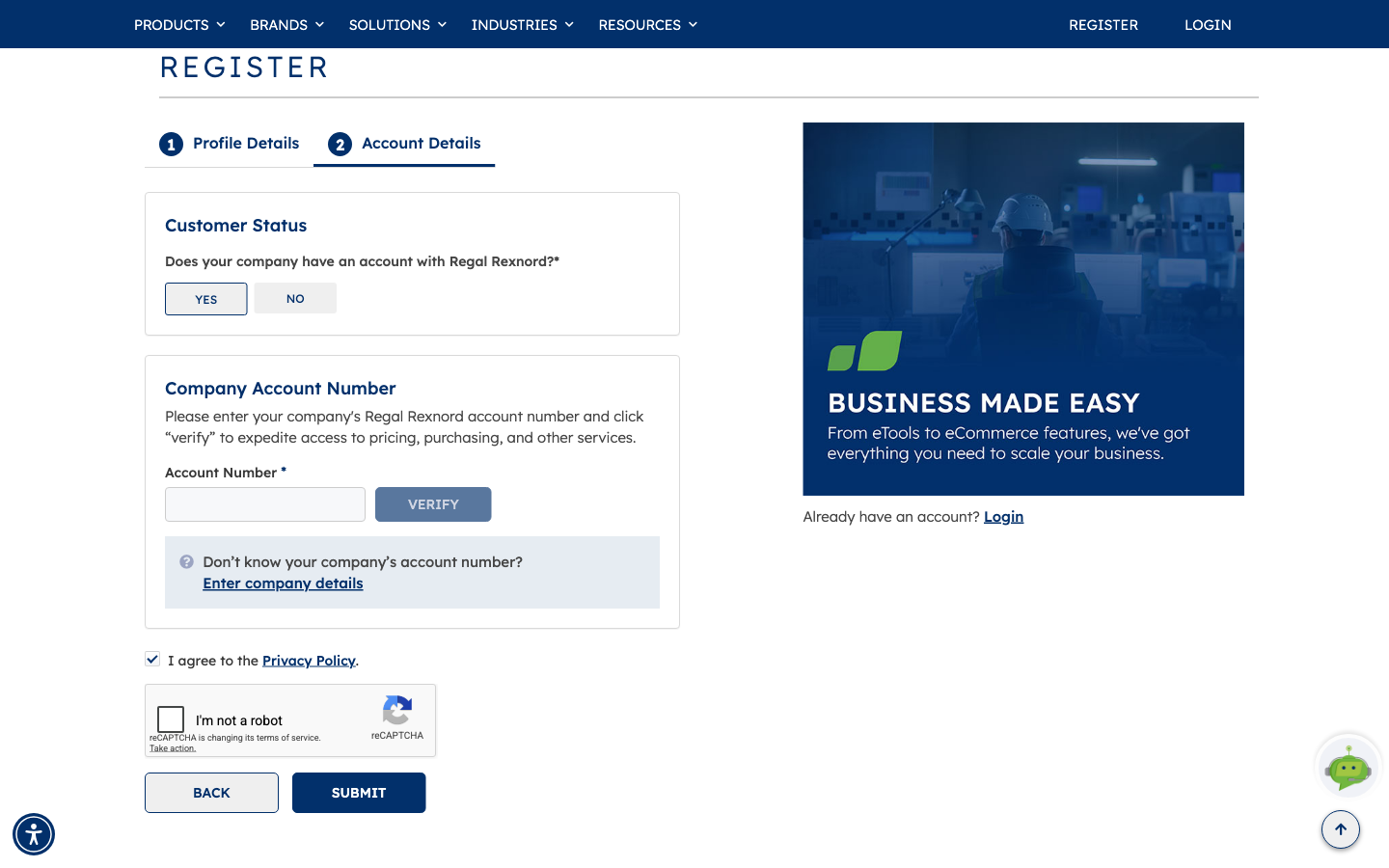 The Account Details step with YES selected, showing the Company Account Number field with a VERIFY button and a link to enter company details instead