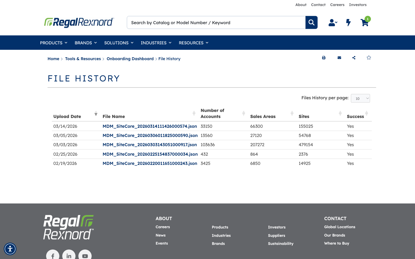 File history list with upload details and success status
