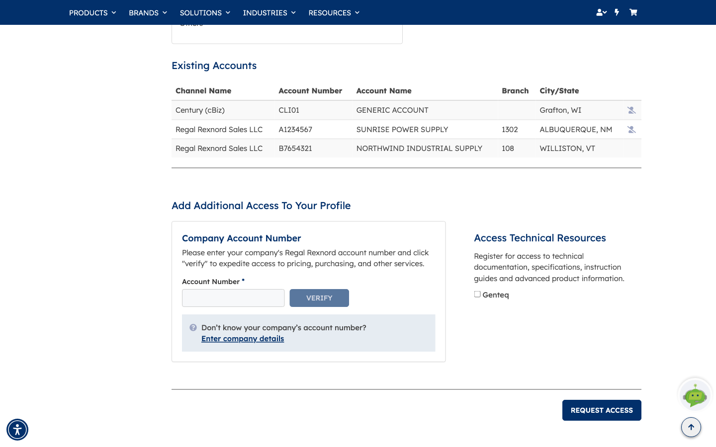 Existing Accounts listing three accounts before the request