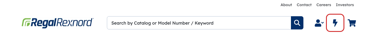 The site header with the lightning-bolt Quick Order icon outlined, between the account icon and the cart icon