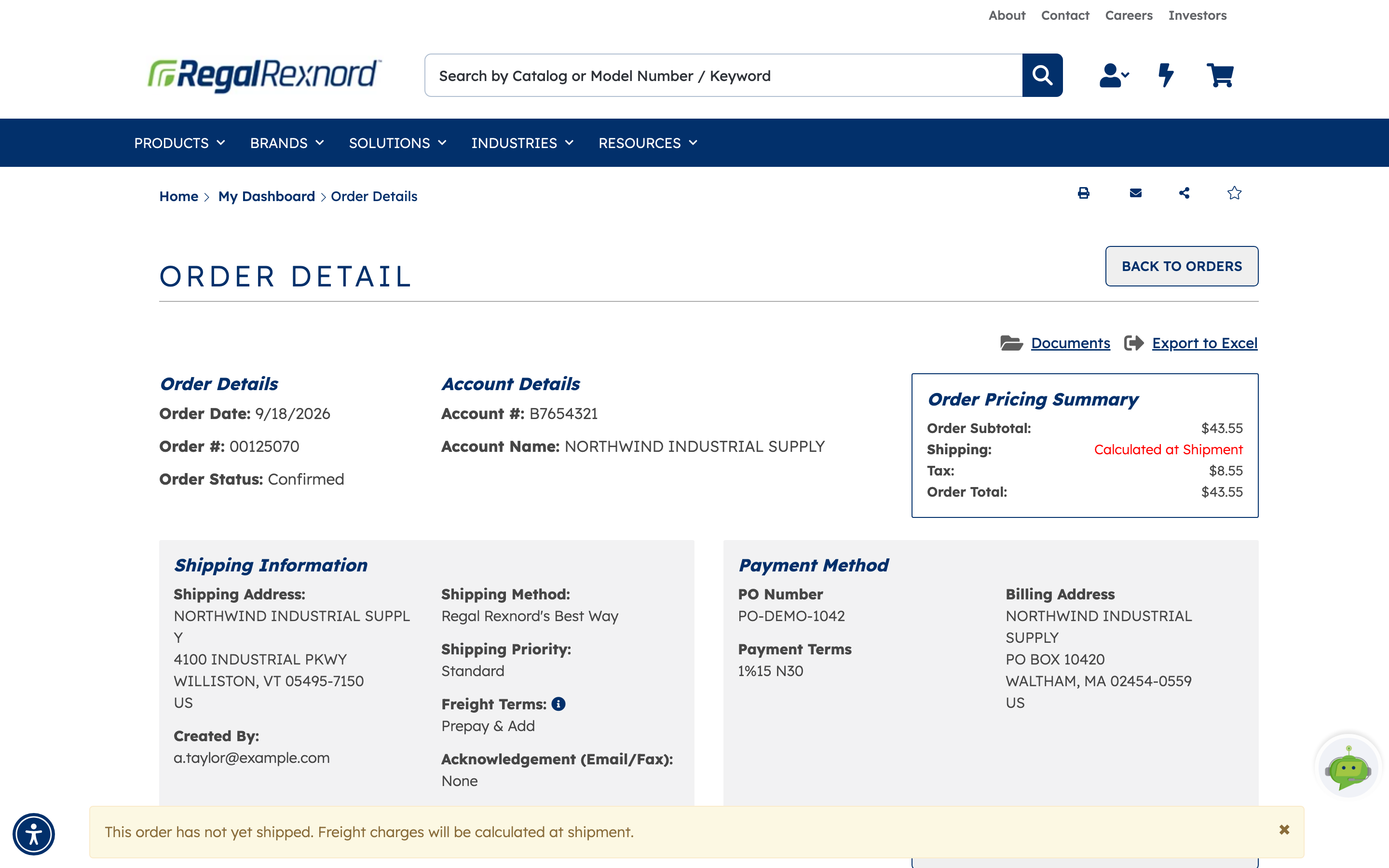 The Order Detail page showing order date, number and status, account details, order pricing summary, shipping information and payment method