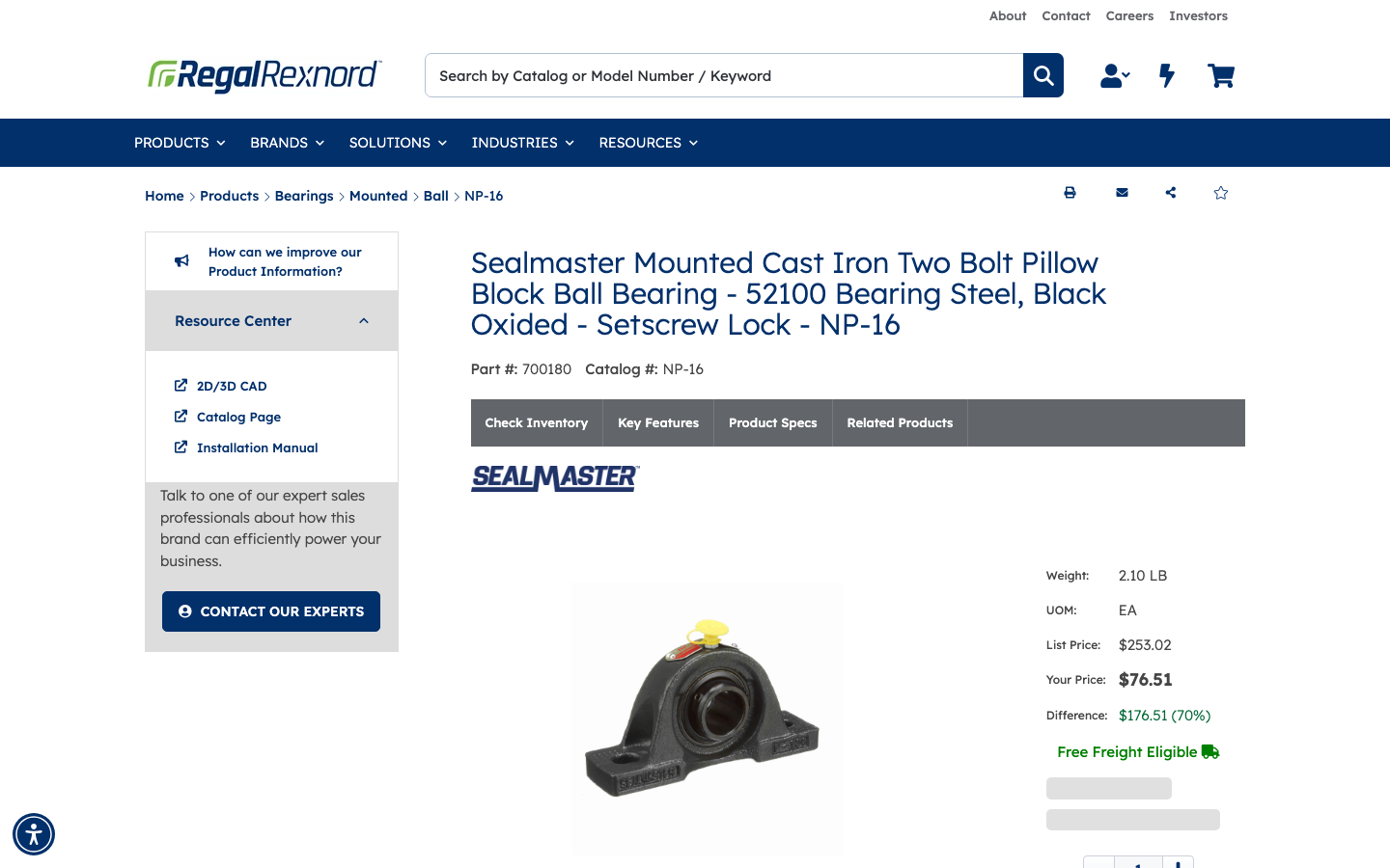 NP-16 product detail page showing part number and account pricing