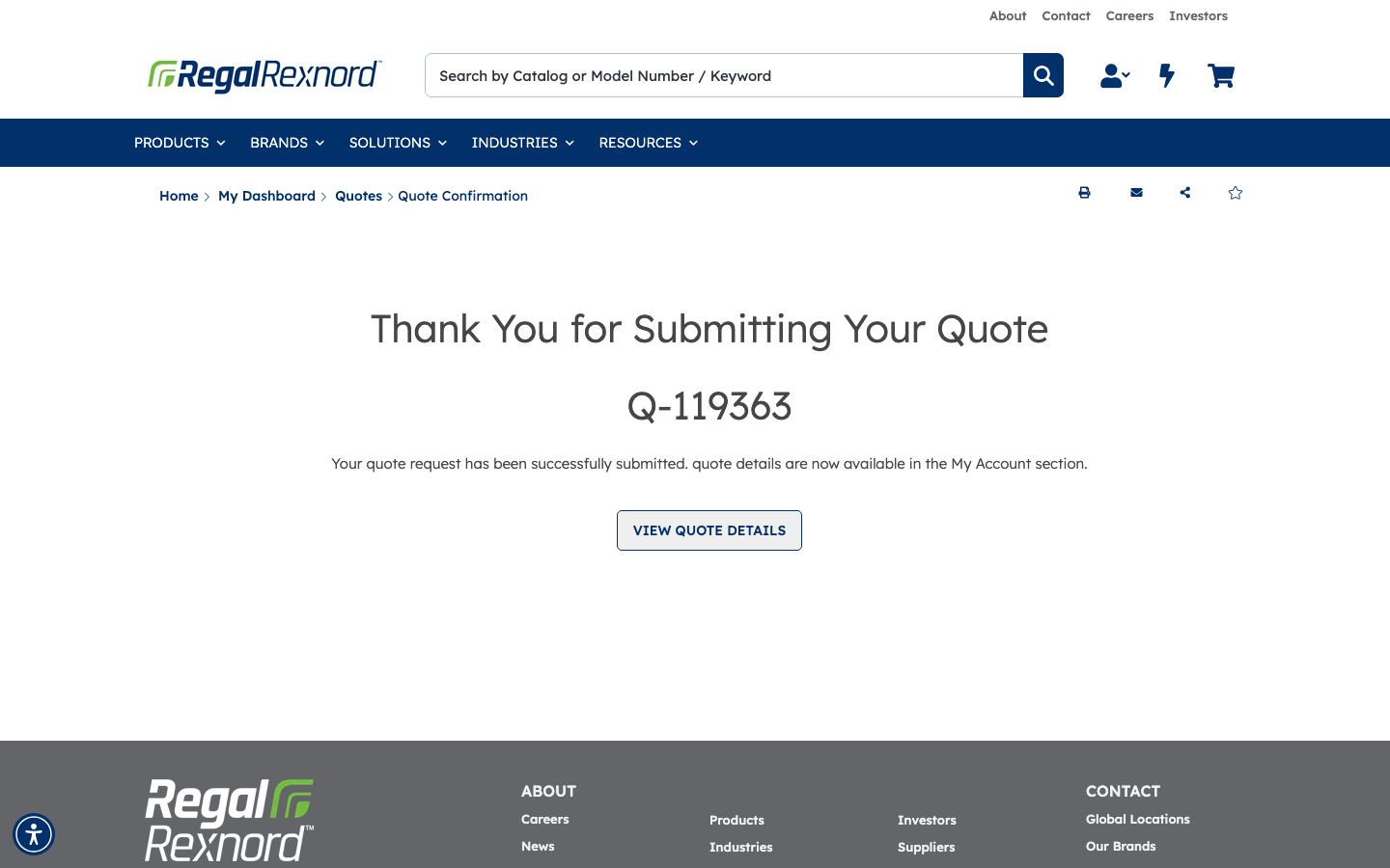 Quote Confirmation page displaying quote number Q-119363 and the VIEW QUOTE DETAILS button