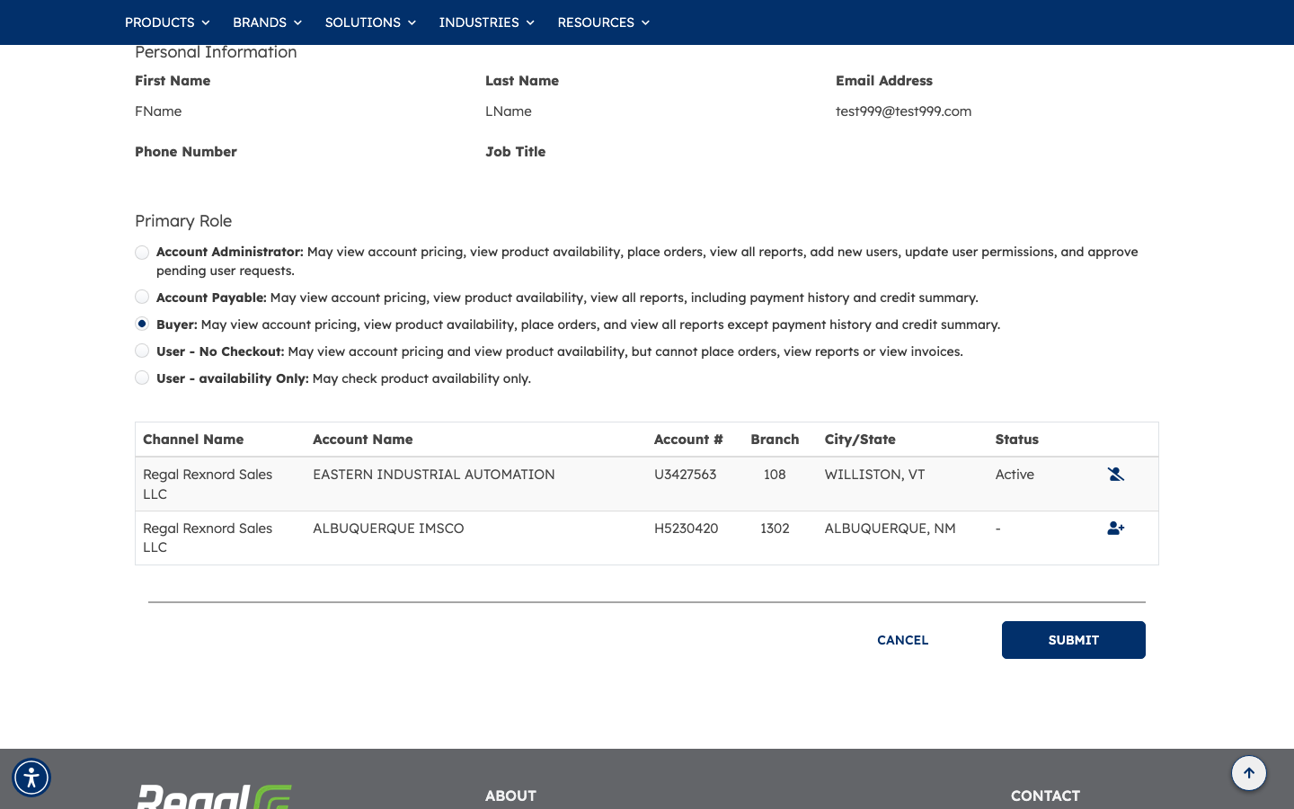 Manage User page after submitting, with Buyer still selected