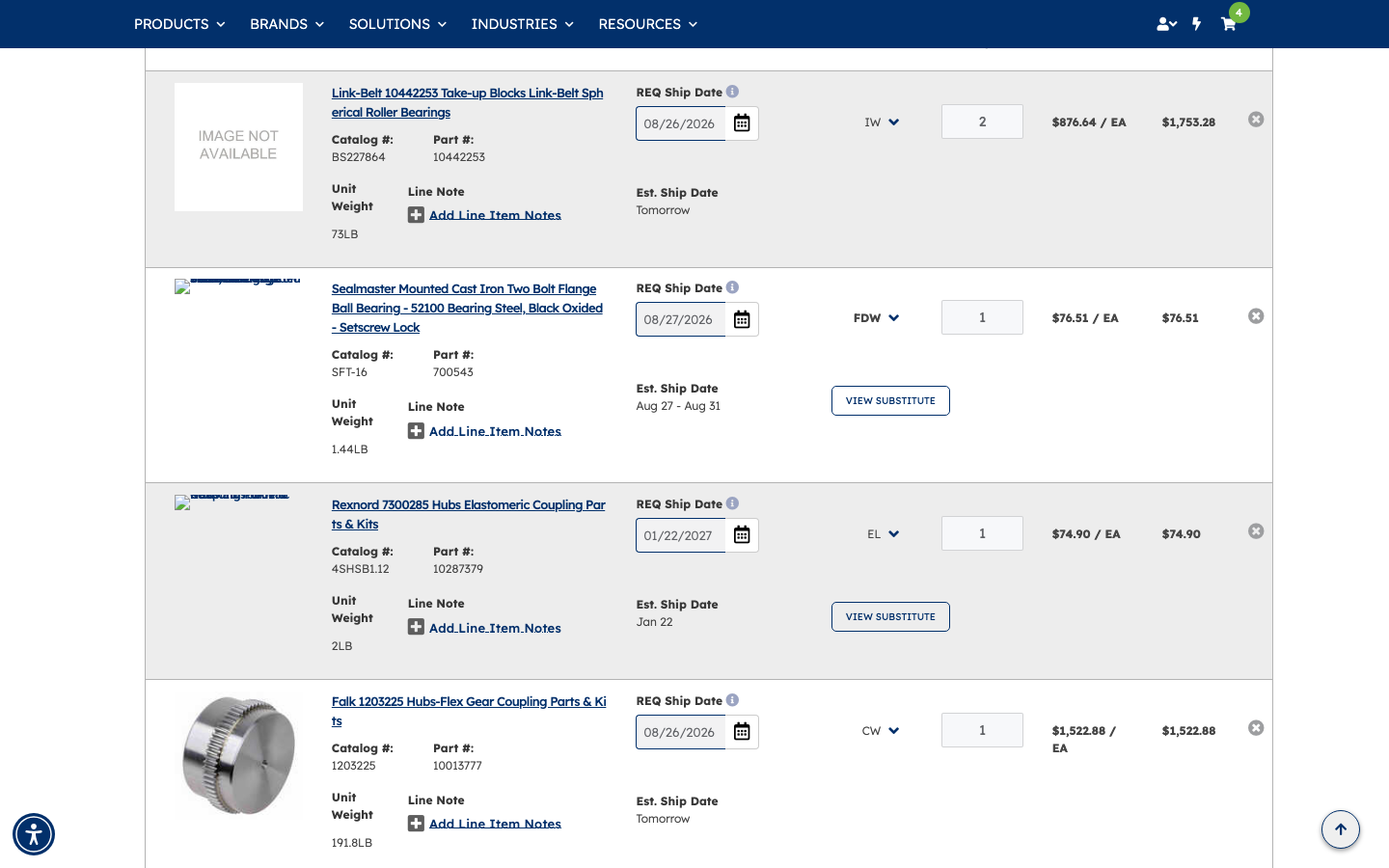 Cart showing all four parts with quantities, pricing, warehouses, and ship dates