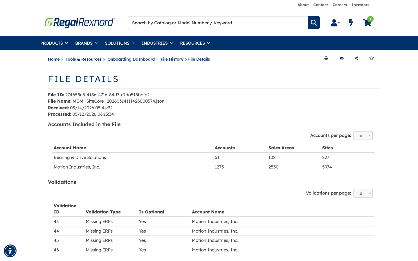File metadata, totals, and validation results