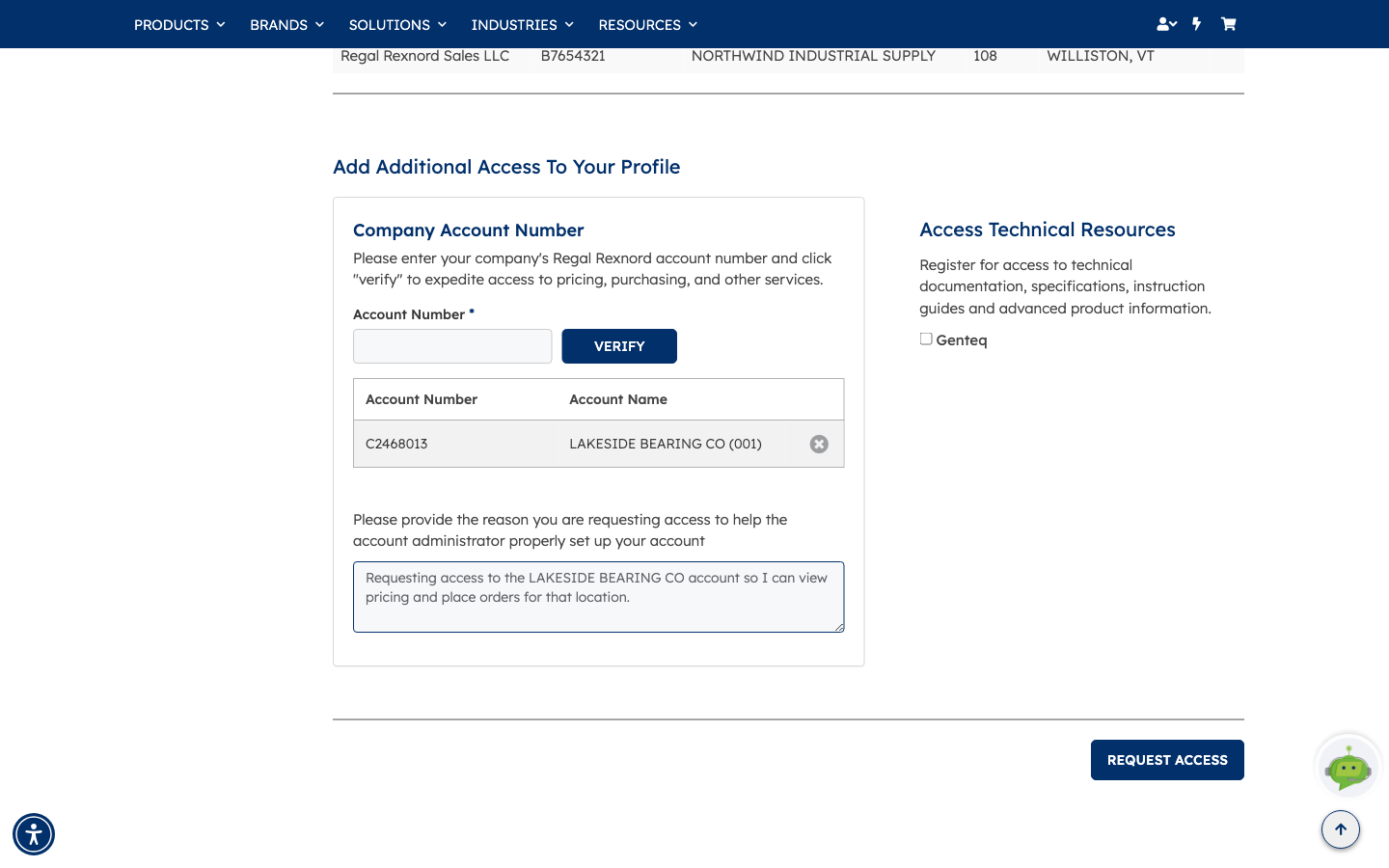 The verified account and reason filled in, ready to submit