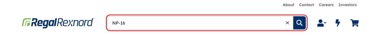 The site header with NP-16 typed into the search box, outlined, alongside the account, Quick Order and cart icons