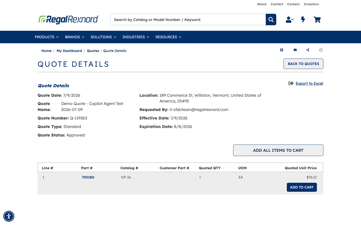 Quote Details page for Q-119363 showing Approved status, effective and expiration dates, and the line item