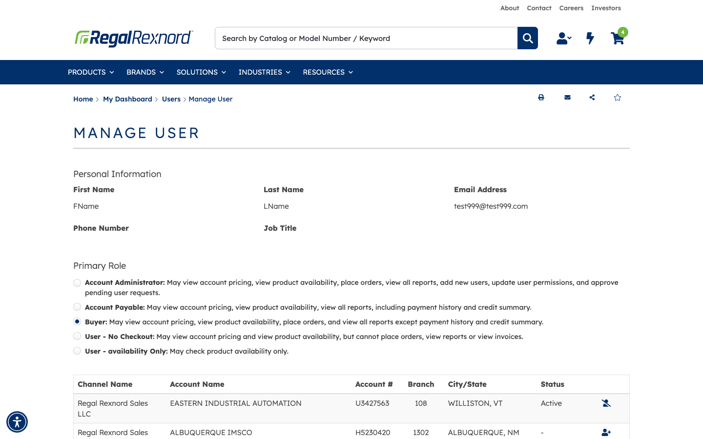 The Manage User page after saving, with Buyer selected