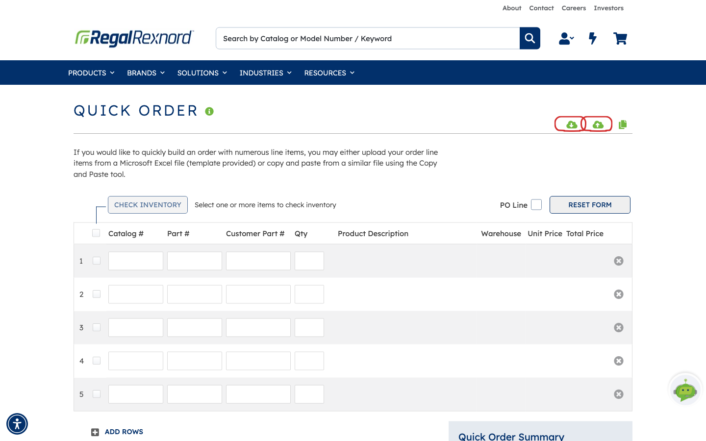 The Quick Order page with the download and upload icons outlined in the top-right corner above the grid