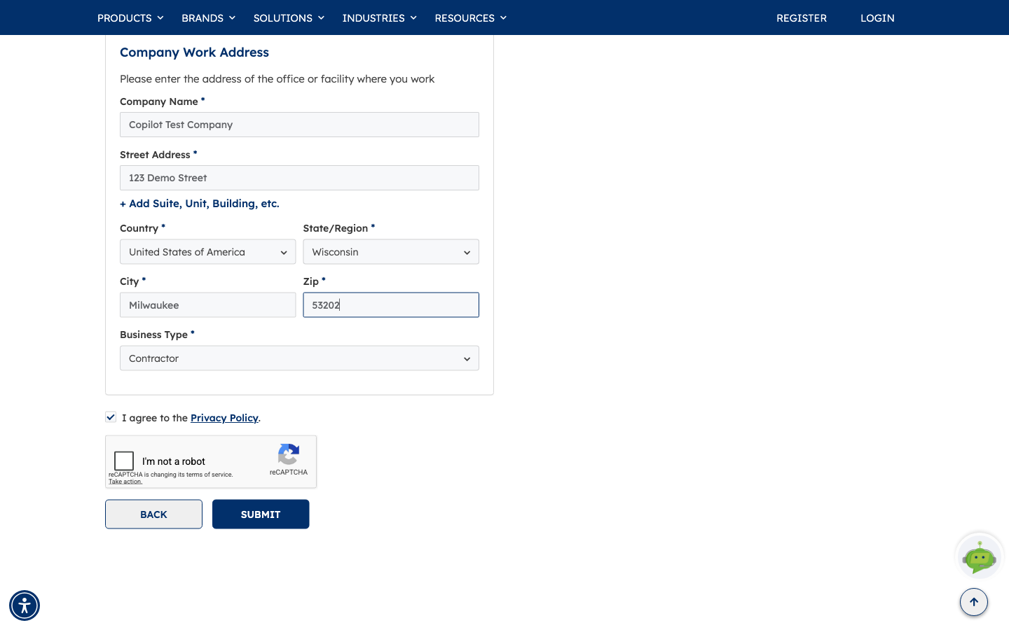 The Training and eTools registration form as a single page, with work address and business type completed, the privacy policy ticked, the reCAPTCHA and SUBMIT