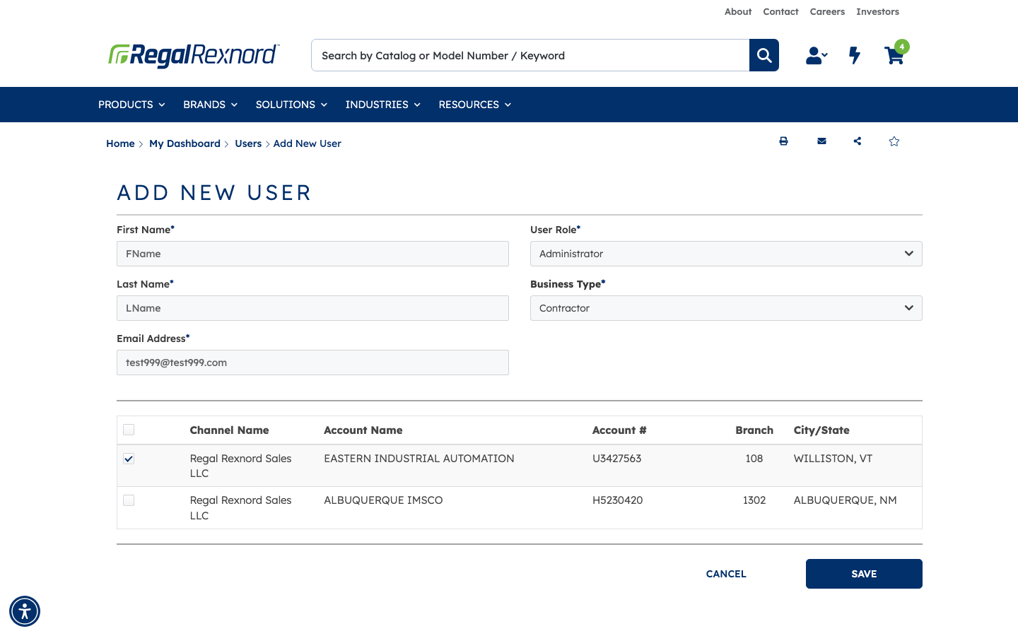 The form with an account ticked in the accounts table