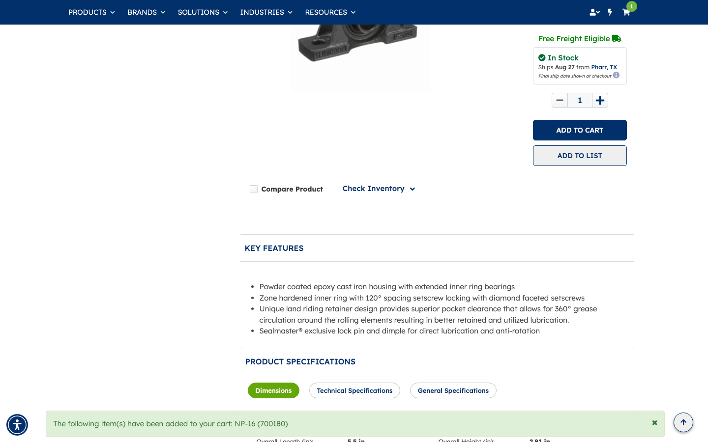 Add-to-cart confirmation banner for NP-16 with cart badge showing 1