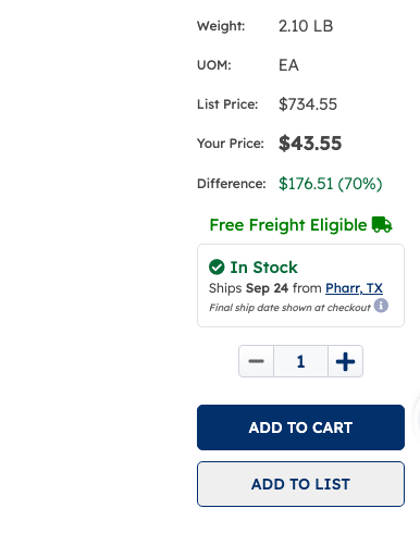 The buy box on the product page before adding anything, showing weight, unit of measure, list price, your price, the difference, free freight eligibility, stock and ship date, a quantity of 1, and the ADD TO CART and ADD TO LIST buttons